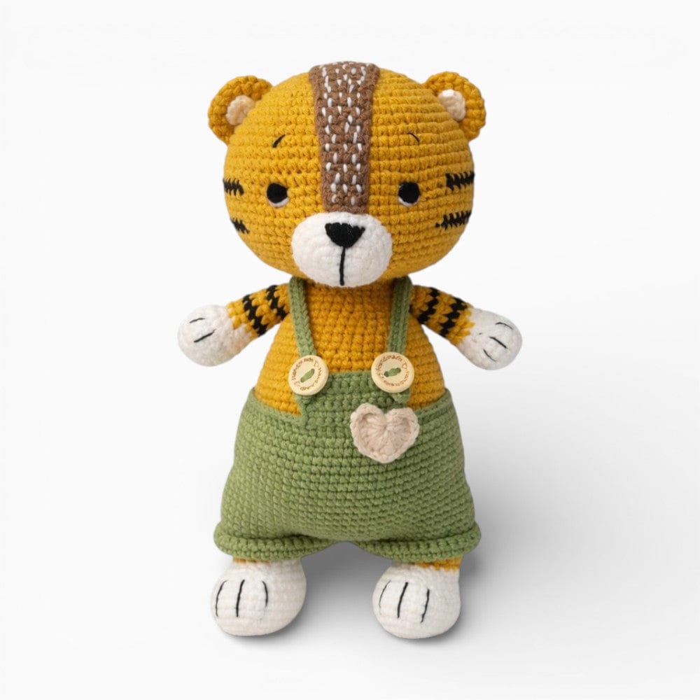 Crochet Tiger Doll in Green Dungarees Oh My Plushie