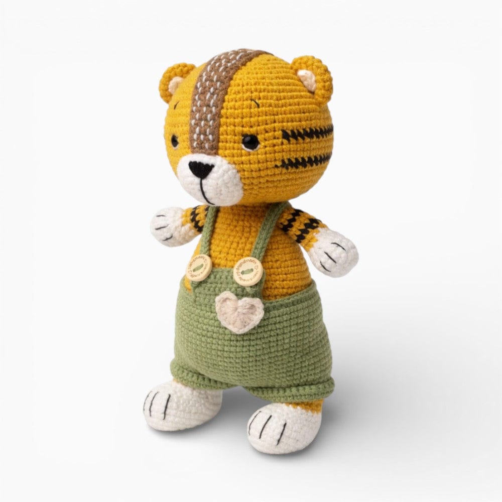 Crochet Tiger Doll in Green Dungarees Oh My Plushie