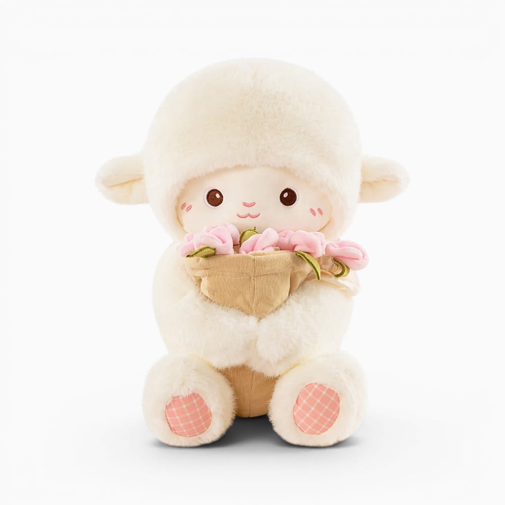 White Lamb Plush with Pink Flowers Oh My Plushie
